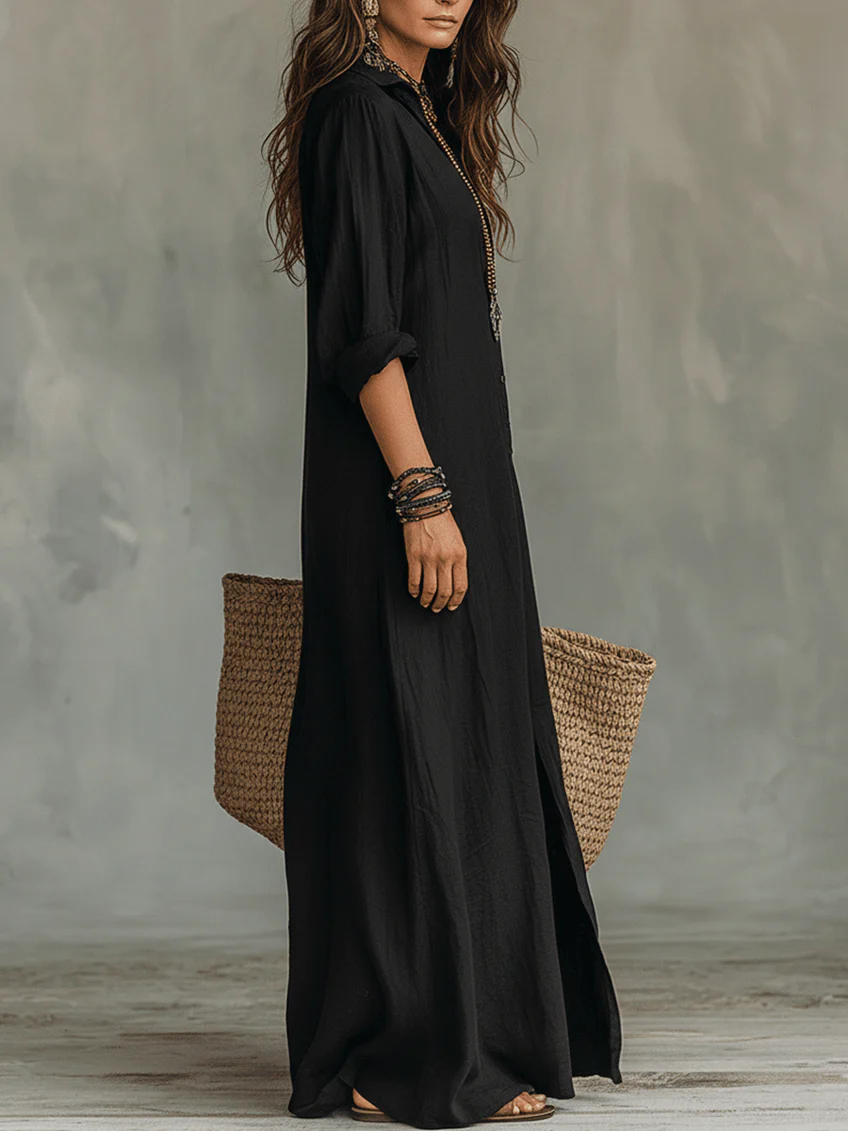 Mia | Vestido Maxi Largo Negro con Botones
