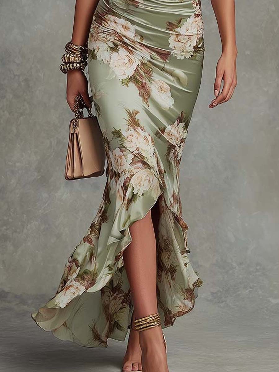 Loretta | Vestido Largo Asimétrico en Satén Verde con Escote en V, Mangas Abullonadas Acampanadas y Estampado Floral