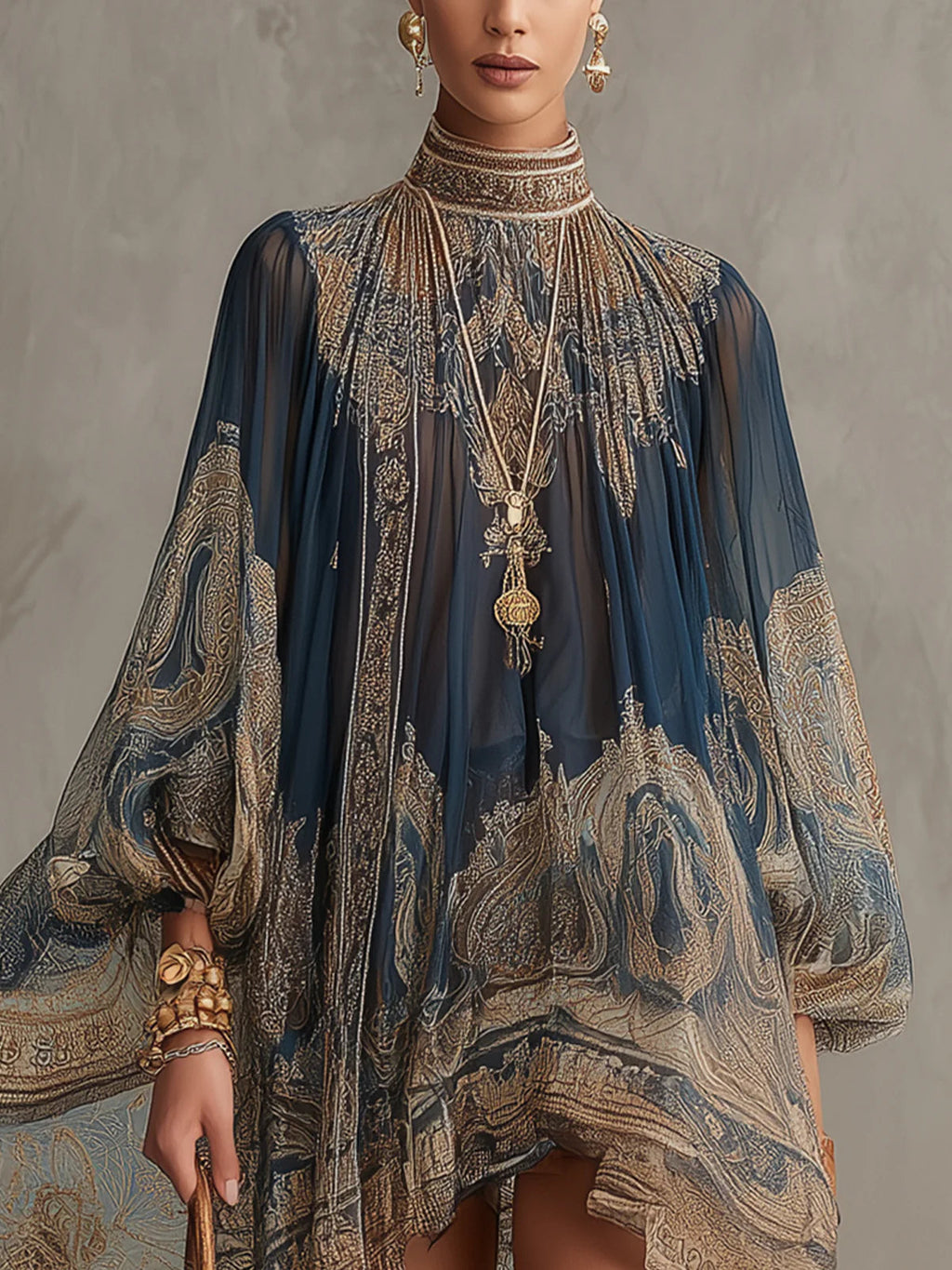 Vestido mini azul marino de chifón con cuello asimétrico y estampado barroco