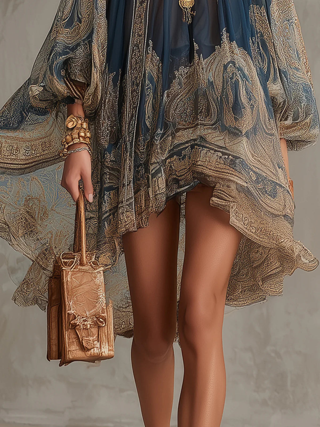 Vestido mini azul marino de chifón con cuello asimétrico y estampado barroco