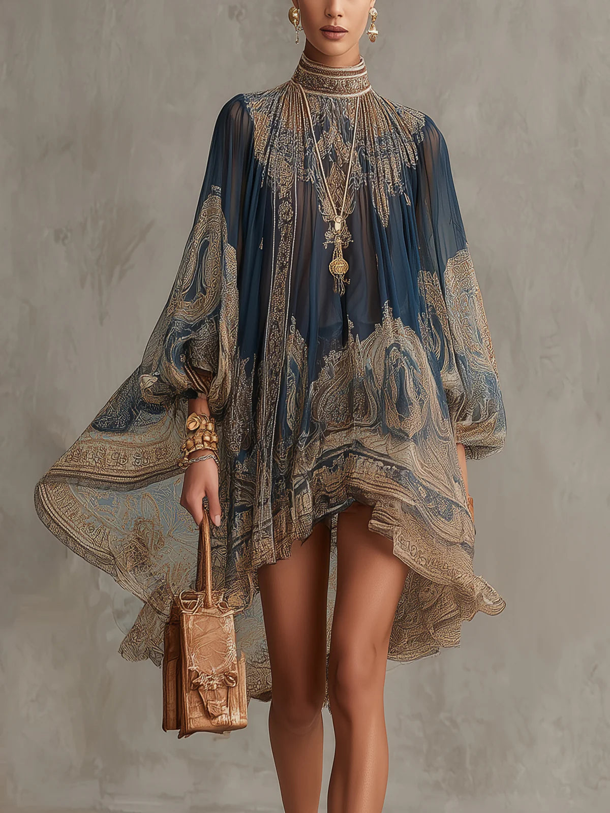 Vestido mini azul marino de chifón con cuello asimétrico y estampado barroco