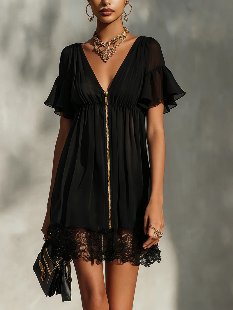 Vestido mini negro con ribete de encaje, cierre de cremallera y escote en V