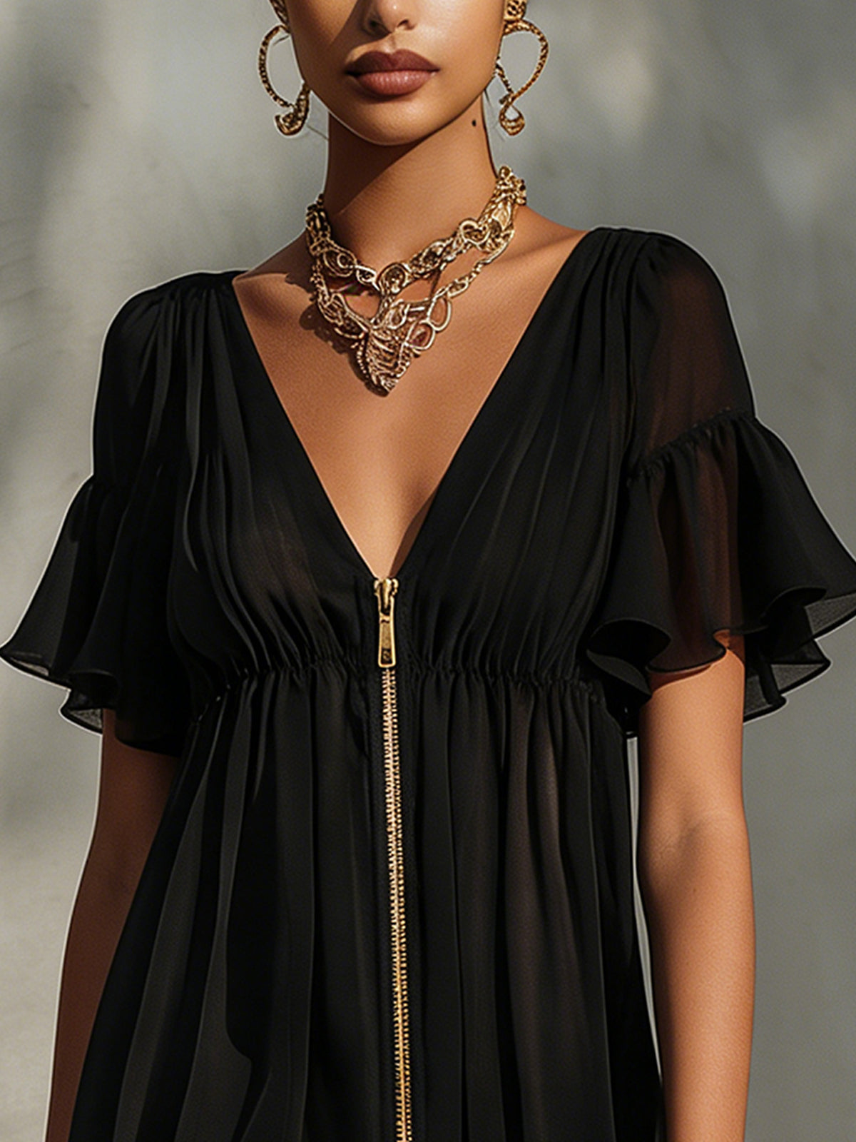 Vestido mini negro con ribete de encaje, cierre de cremallera y escote en V
