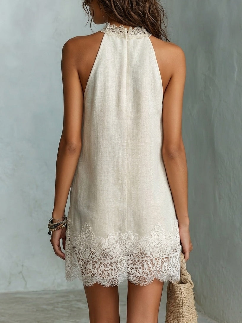 Vestido mini con estilo, escote en V de encaje, en un tono blanco roto