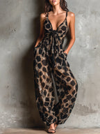 Zaira | Mono de Estampado de Leopardo con Escote en V, Tirantes Finos y Lazada en la Cintura
