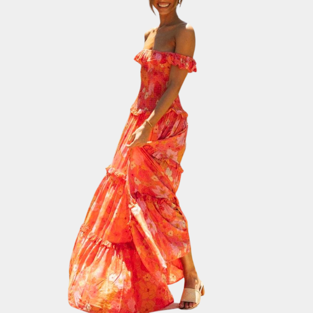 Elegante vestido largo floral de invitada de boda y fiesta en naranja | Maxi