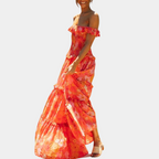 Elegante vestido largo floral de invitada de boda y fiesta en naranja | Maxi