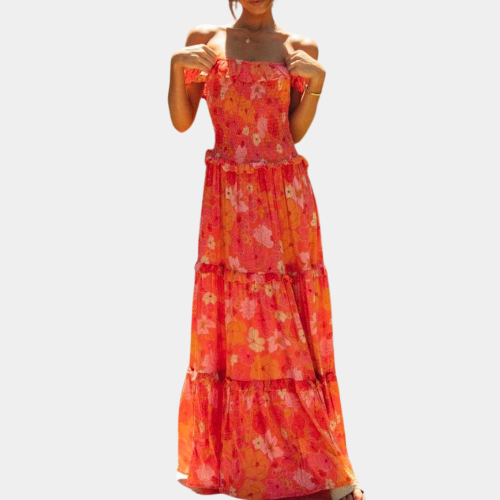 Elegante vestido largo floral de invitada de boda y fiesta en naranja | Maxi