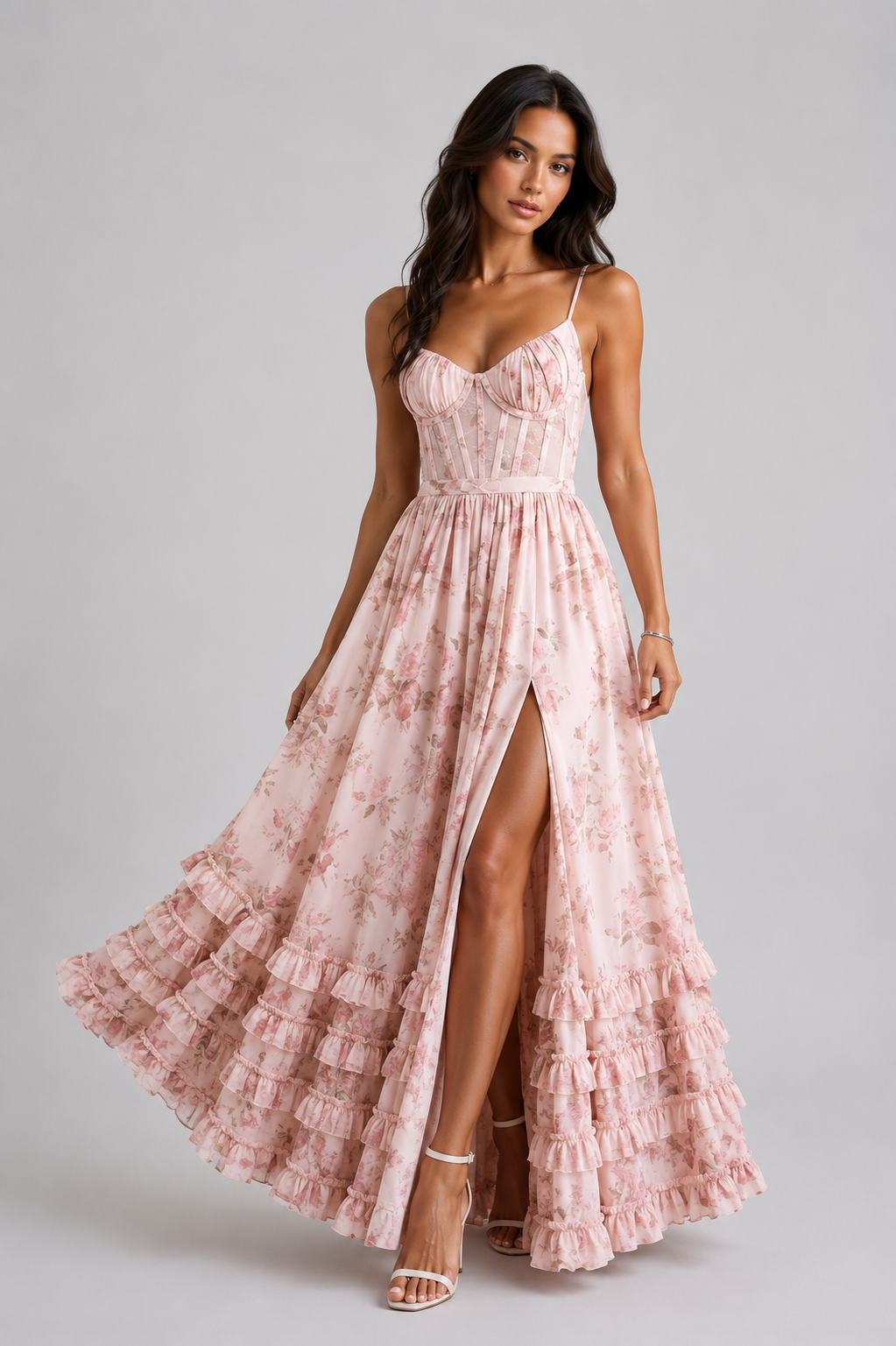Estiloso vestido largo floral de invitada de boda con efecto corsé y volantes en el bajo | Largo