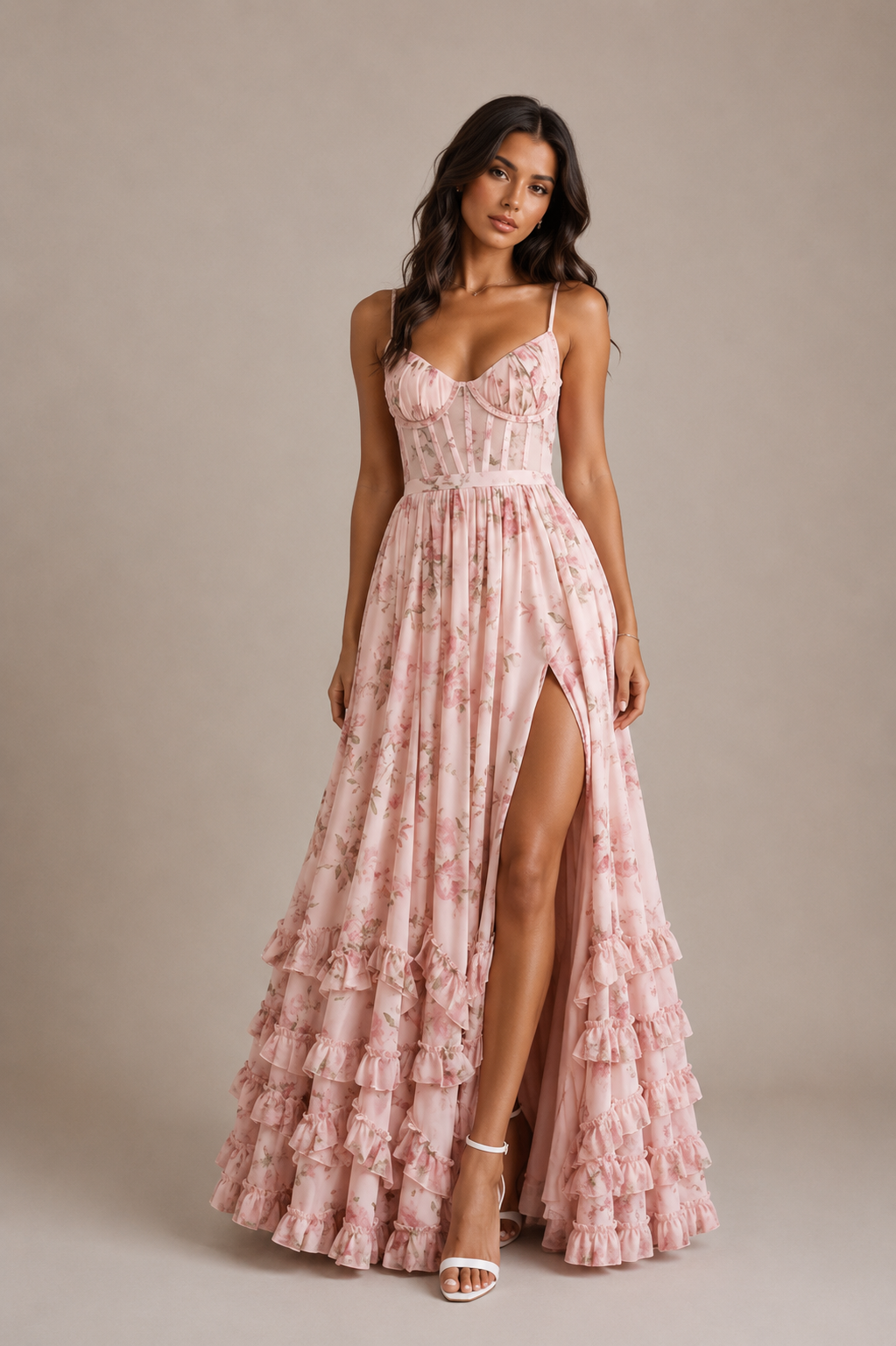 Estiloso vestido largo floral de invitada de boda con efecto corsé y volantes en el bajo | Largo