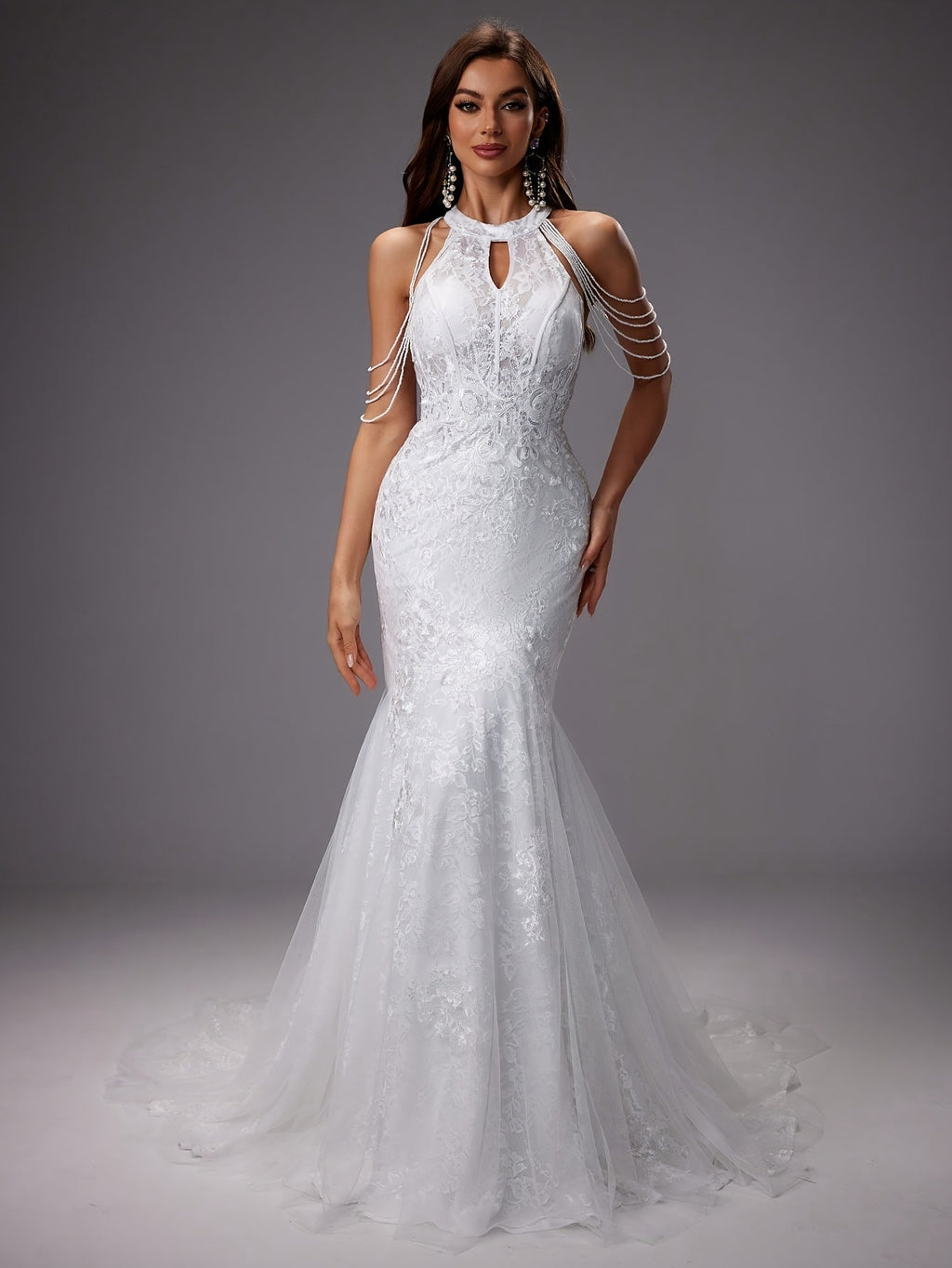 Elegante vestido de novia sirena de invitada de boda con encaje y cuello halter | Maxi