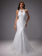 Elegante vestido de novia sirena de invitada de boda con encaje y cuello halter | Maxi