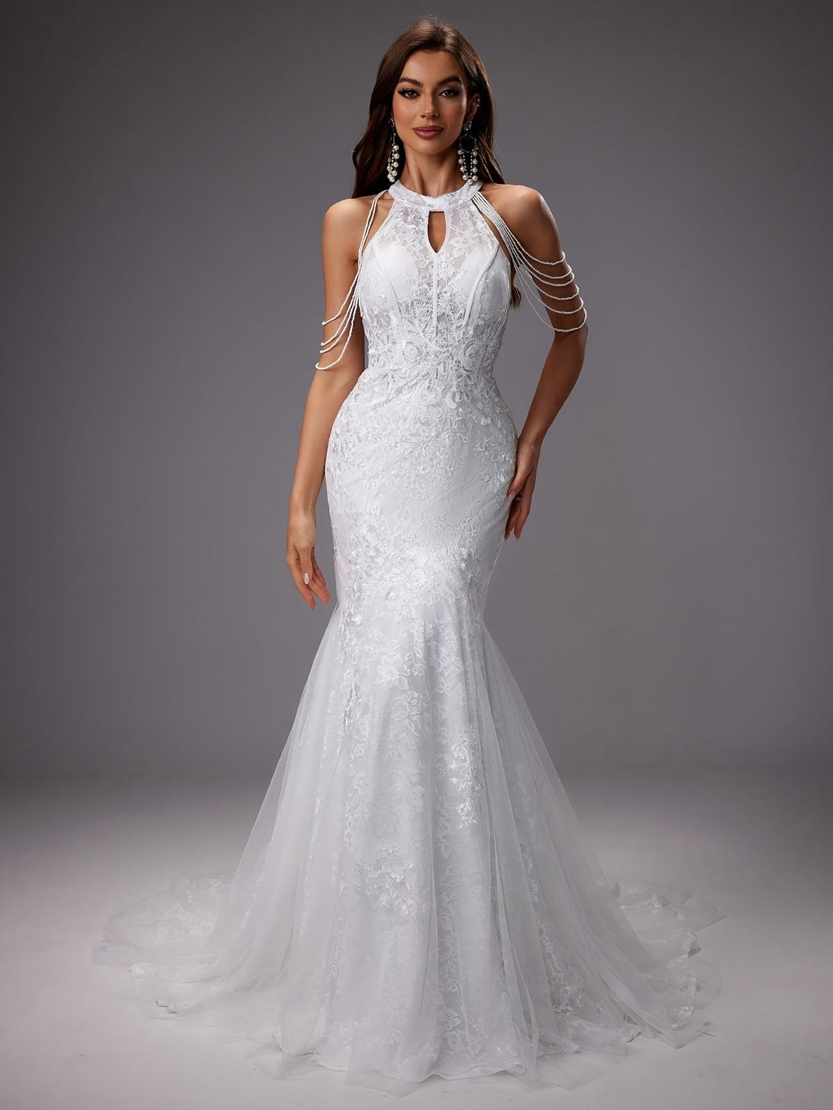 Elegante vestido de novia sirena de invitada de boda con encaje y cuello halter | Maxi