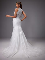 Elegante vestido de novia sirena de invitada de boda con encaje y cuello halter | Maxi