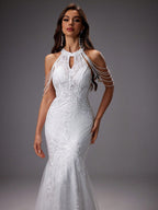 Elegante vestido de novia sirena de invitada de boda con encaje y cuello halter | Maxi