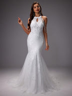Elegante vestido de novia sirena de invitada de boda con encaje y cuello halter | Maxi