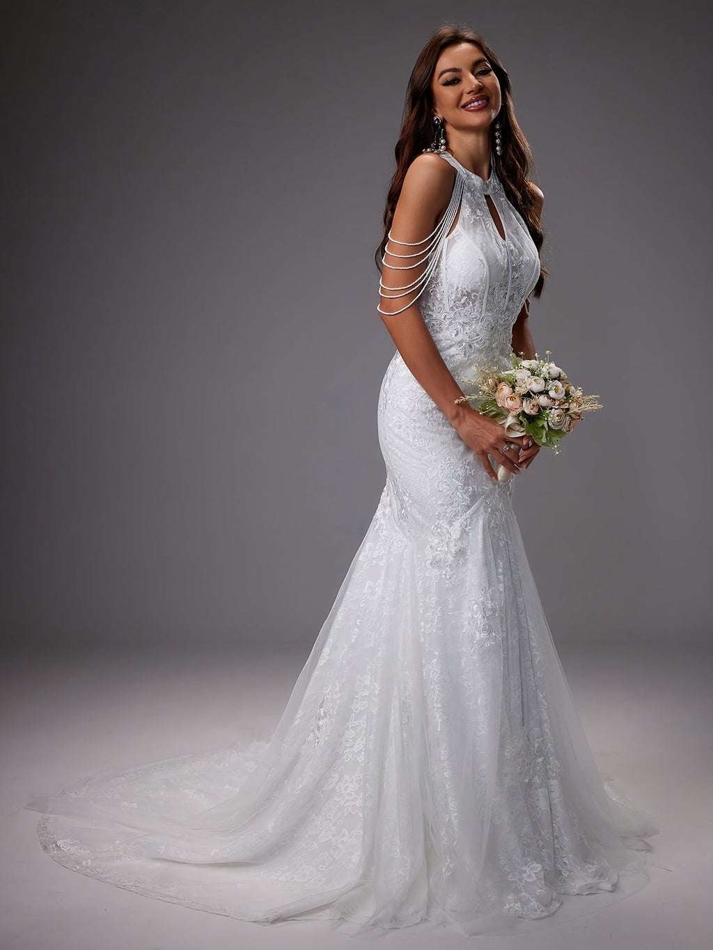 Elegante vestido de novia sirena de invitada de boda con encaje y cuello halter | Maxi
