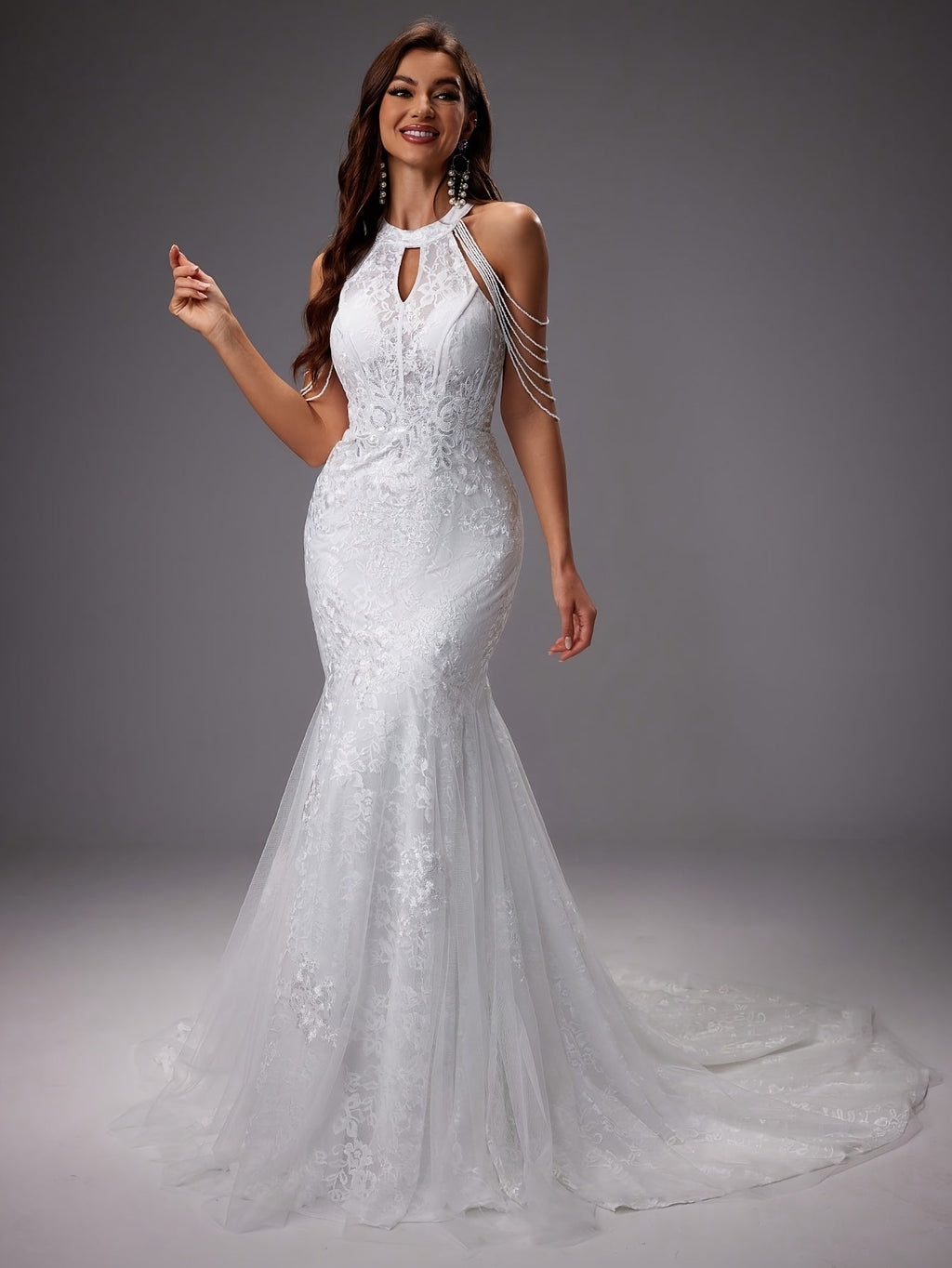 Elegante vestido de novia sirena de invitada de boda con encaje y cuello halter | Maxi