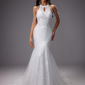 Elegante vestido de novia sirena de invitada de boda con encaje y cuello halter | Maxi