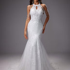 Elegante vestido de novia sirena de invitada de boda con encaje y cuello halter | Maxi