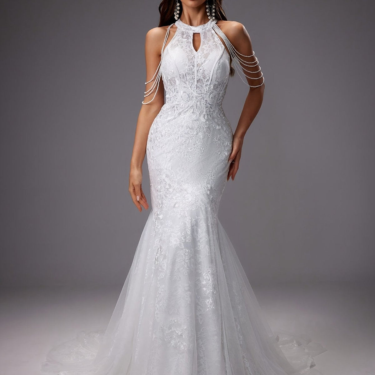 Elegante vestido de novia sirena de invitada de boda con encaje y cuello halter | Maxi