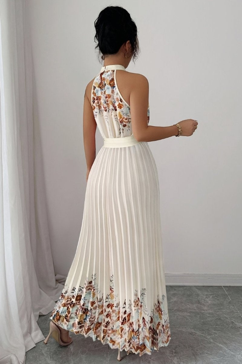 Elegante vestido largo de invitada de boda plisado floral con cuello halter y cinturón | Maxi