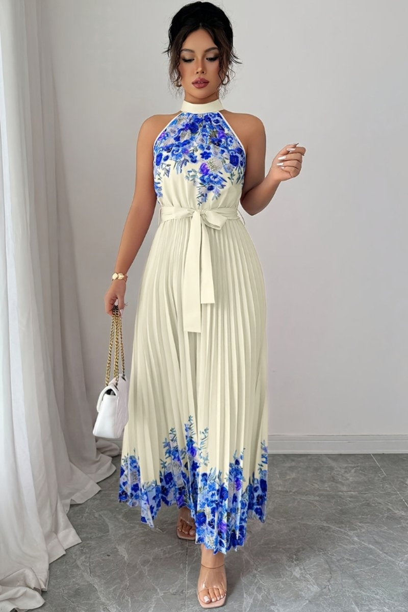 Elegante vestido largo de invitada de boda plisado floral con cuello halter y cinturón | Maxi