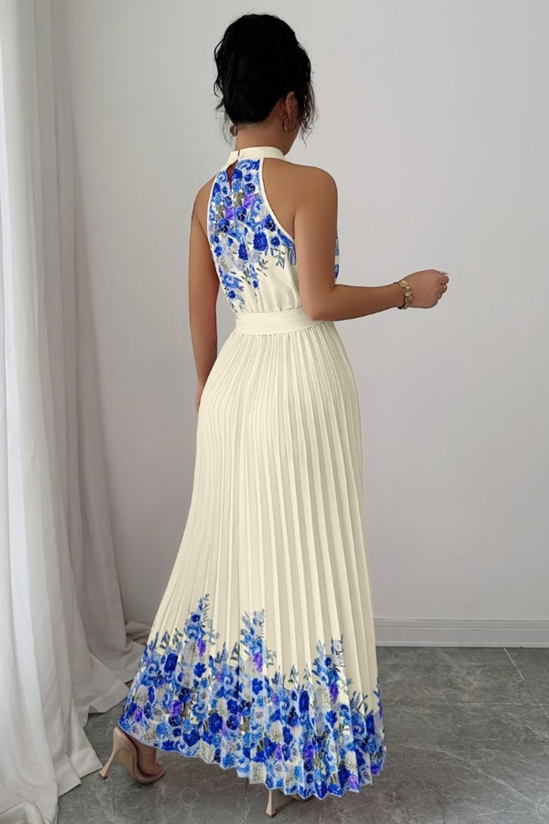 Elegante vestido largo de invitada de boda plisado floral con cuello halter y cinturón | Maxi