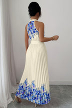 Elegante vestido largo de invitada de boda plisado floral con cuello halter y cinturón | Maxi