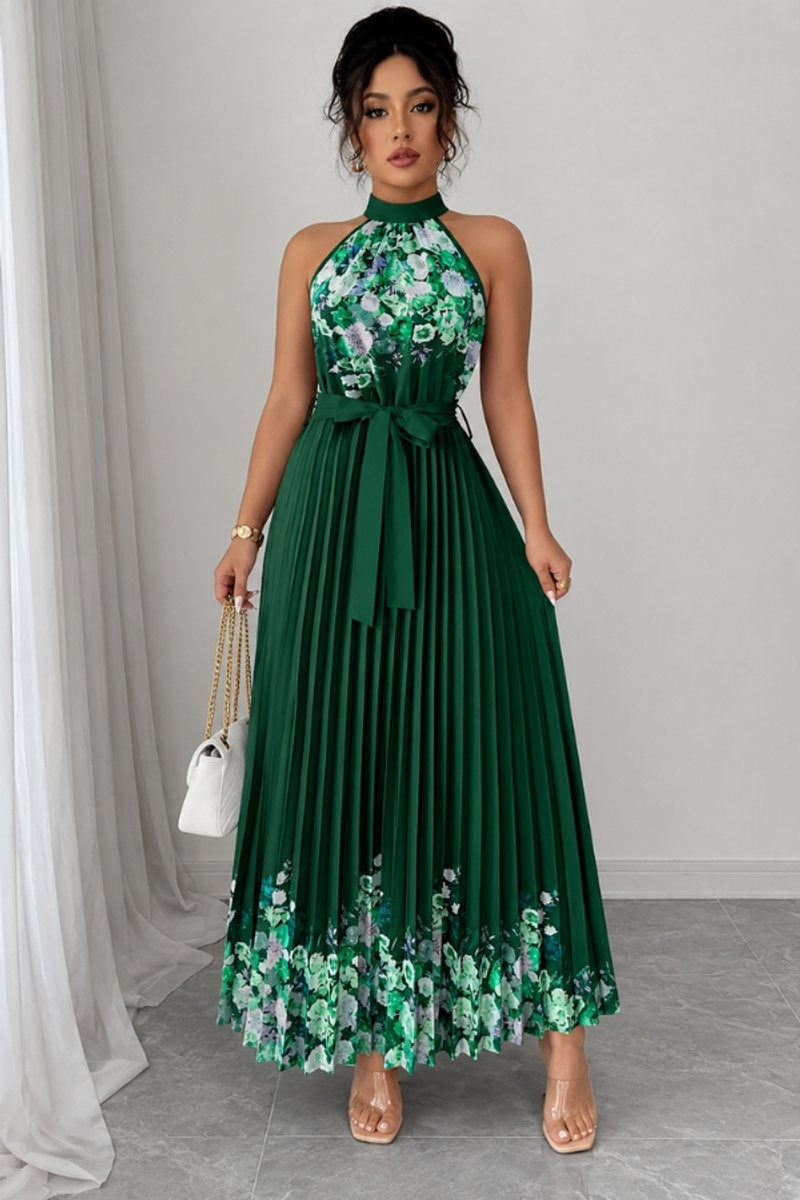 Elegante vestido largo de invitada de boda plisado floral con cuello halter y cinturón | Maxi