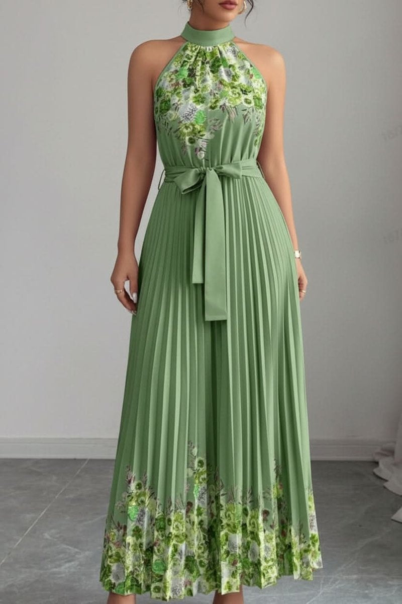 Elegante vestido largo de invitada de boda plisado floral con cuello halter y cinturón | Maxi