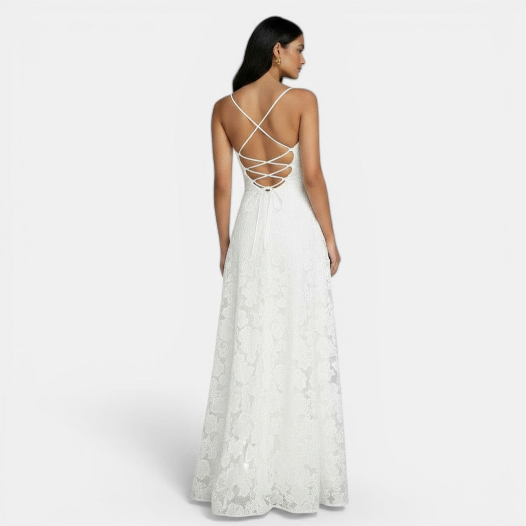 Estiloso vestido ajustado de fiesta y de invitada de boda con espalda descubierta y lazos | Midi