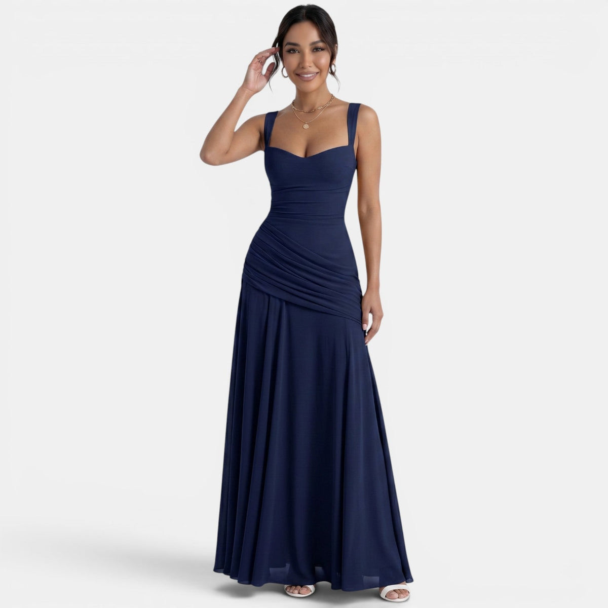 Refinado vestido largo ajustado de fiesta y de invitada de boda sin mangas de caída fluida | Maxi