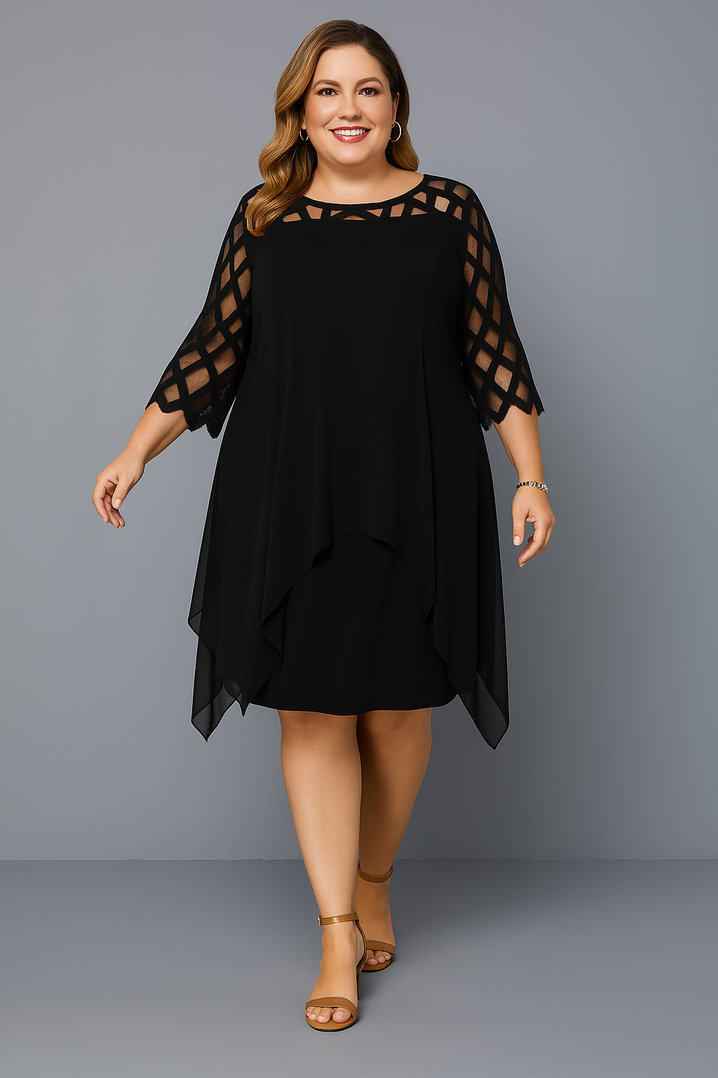 Evelyn™ | Vestido Elegante con Mangas de Encaje y Efecto Disimulador de Tripa