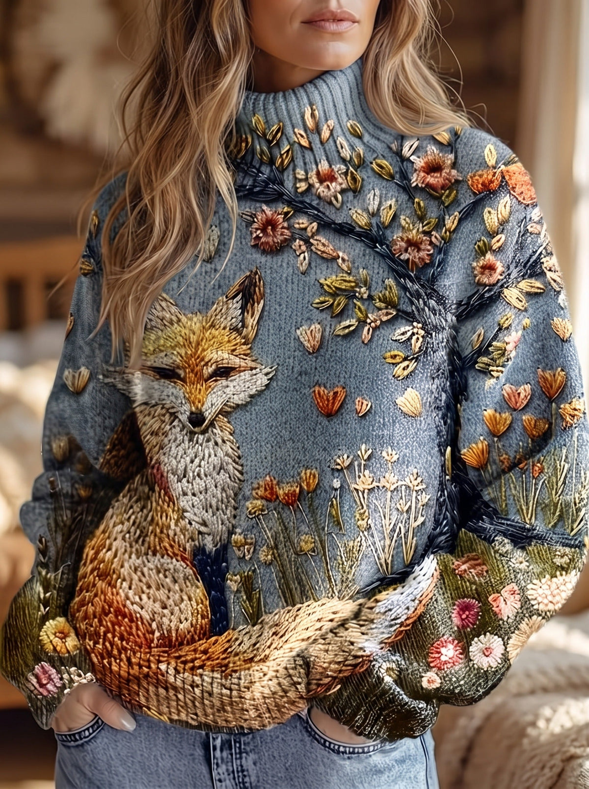 Azahara™ | Jersey de cuello alto con zorro bordado
