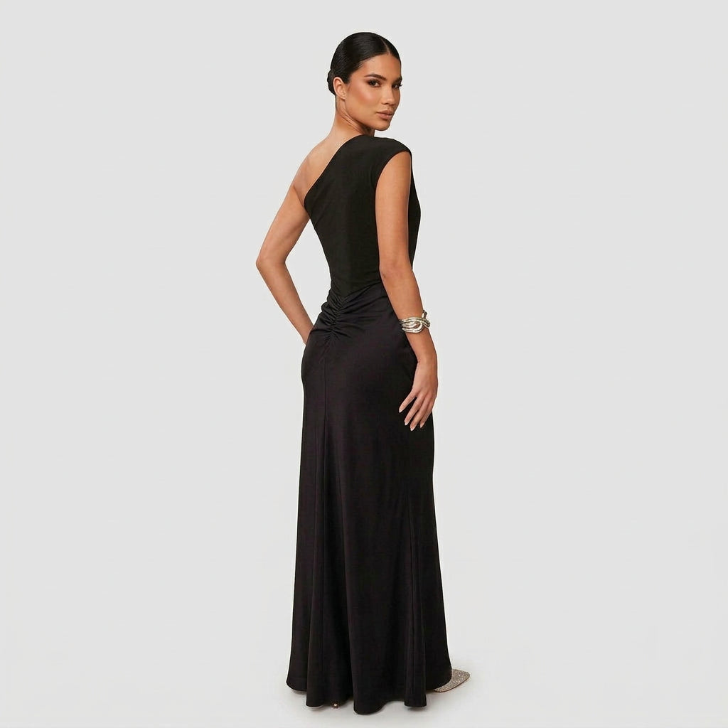 Refinado vestido largo asimétrico de invitada de boda y de fiesta con drapeado fluido | Largo