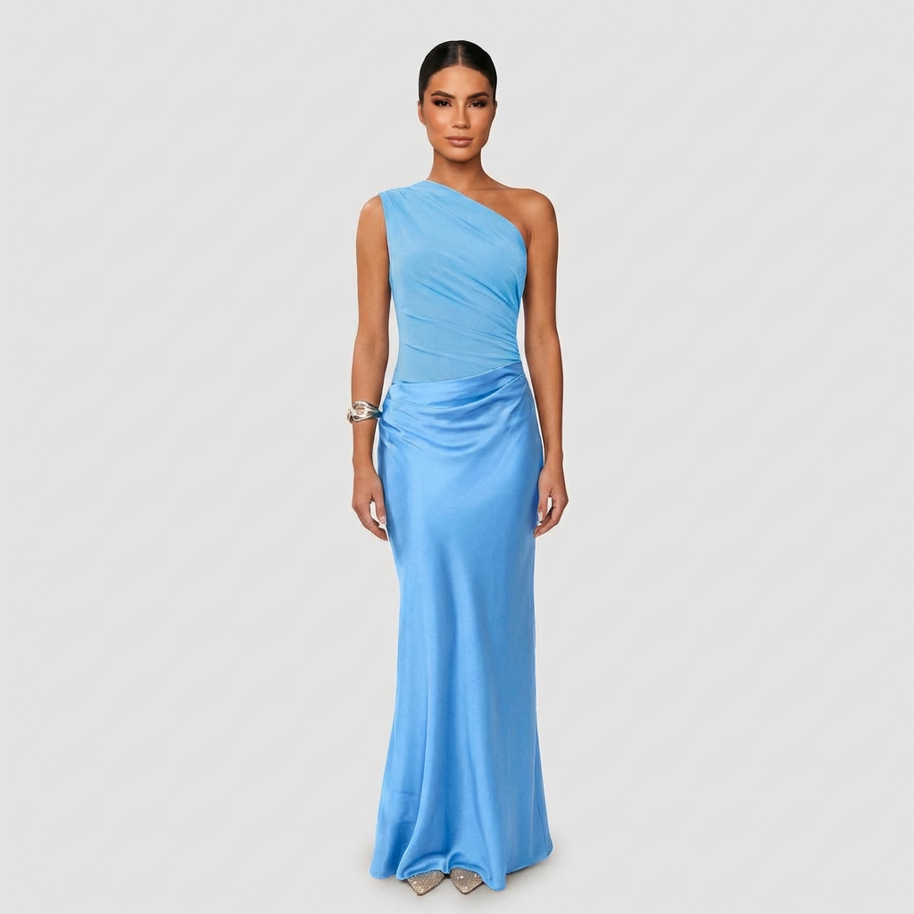 Refinado vestido largo asimétrico de invitada de boda y de fiesta con drapeado fluido | Largo
