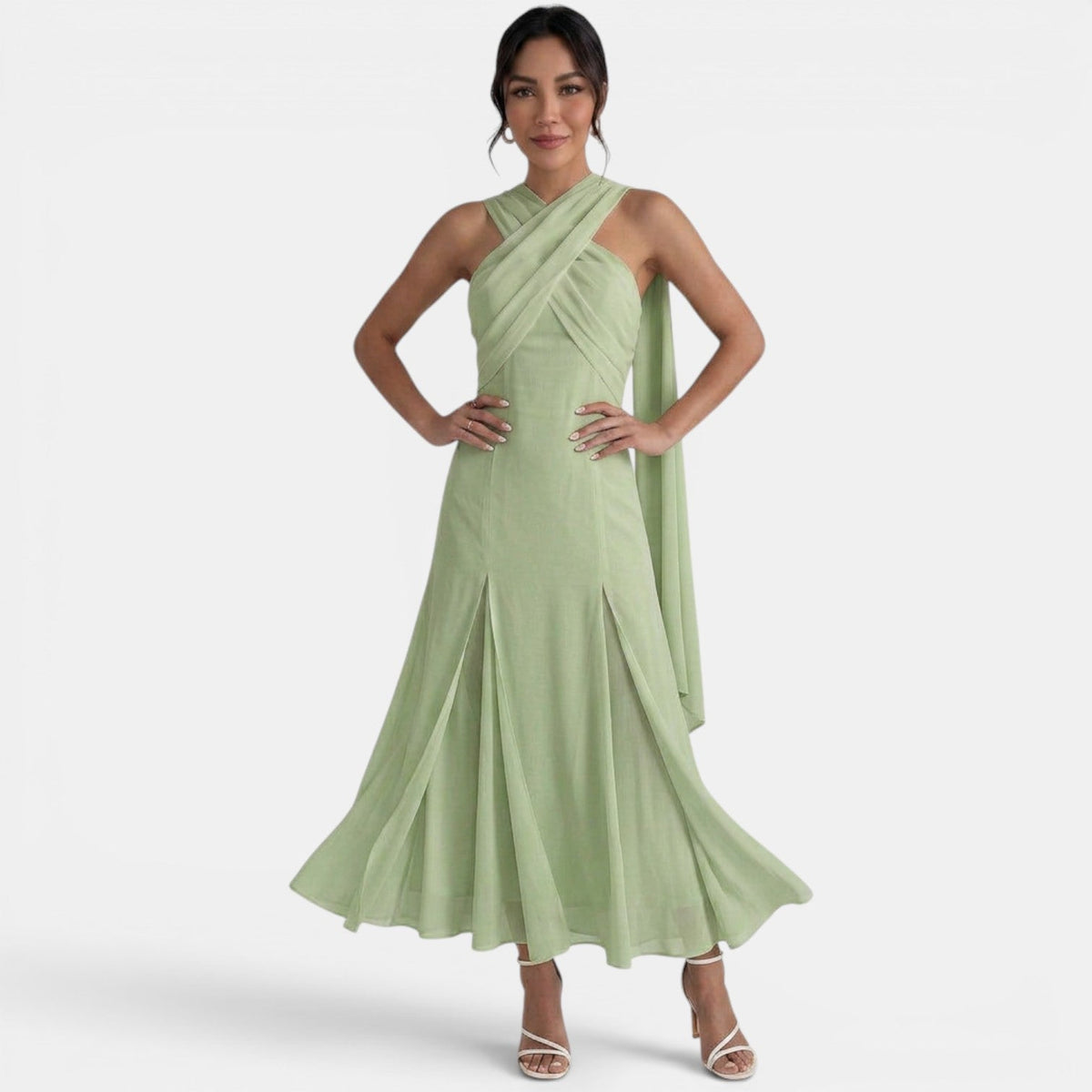 Elegante vestido largo de gasa de fiesta de invitada de boda con detalle de lazo | Maxi