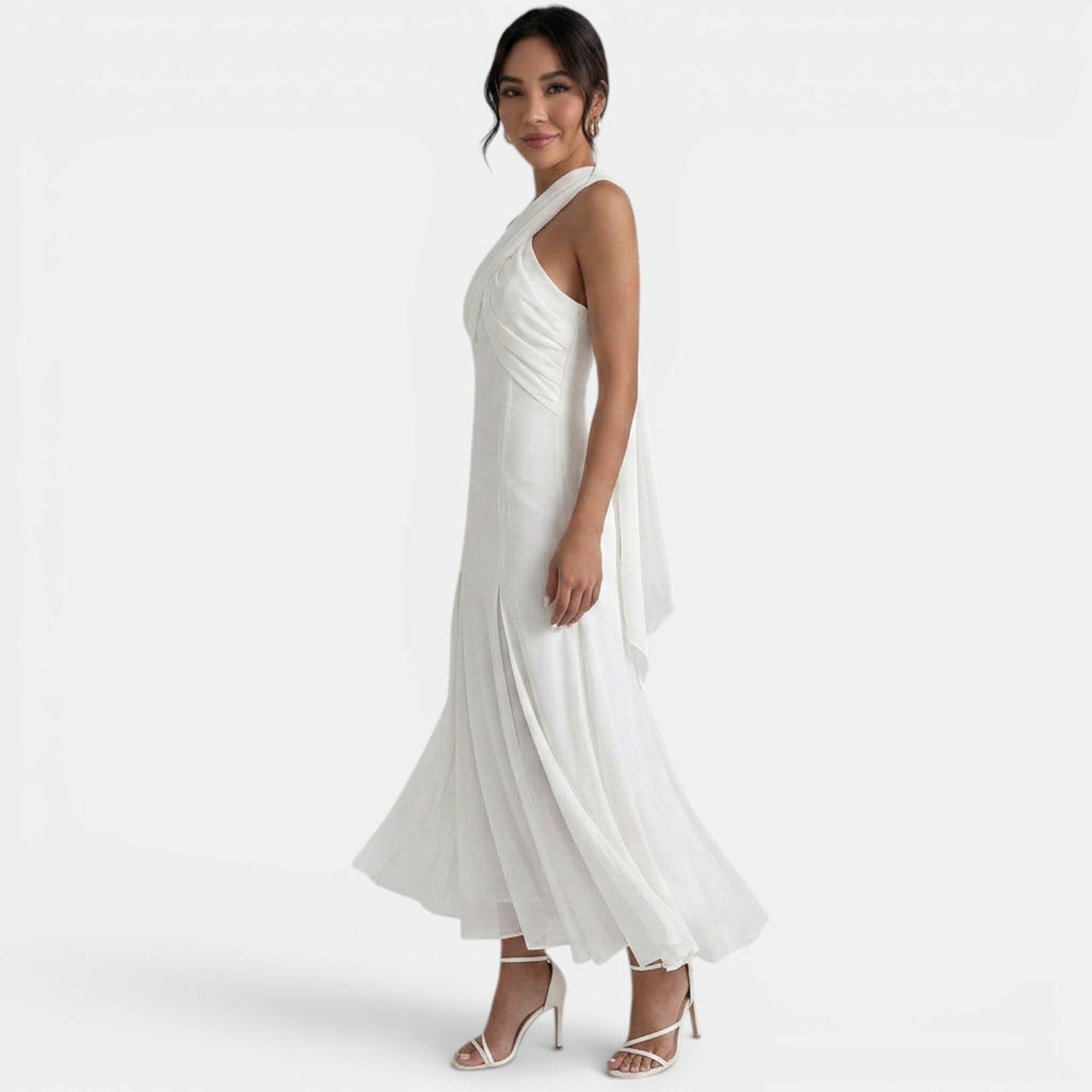 Elegante vestido largo de gasa de fiesta de invitada de boda con detalle de lazo | Maxi