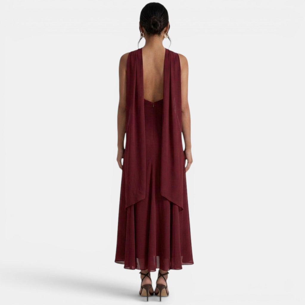 Elegante vestido largo de gasa de fiesta de invitada de boda con detalle de lazo | Maxi