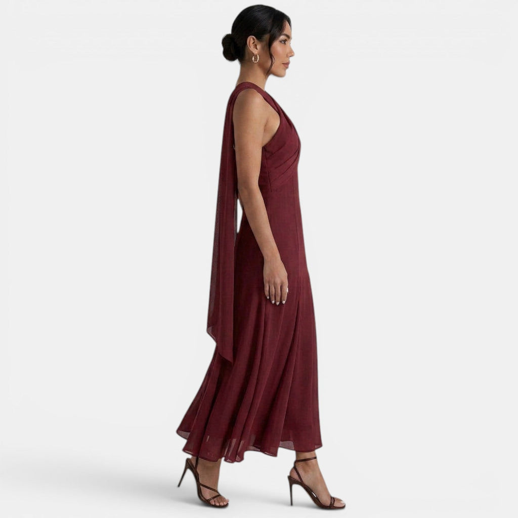 Elegante vestido largo de gasa de fiesta de invitada de boda con detalle de lazo | Maxi