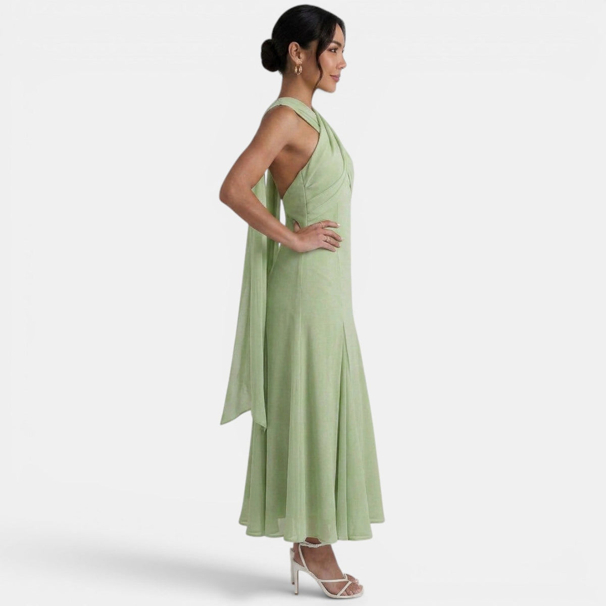 Elegante vestido largo de gasa de fiesta de invitada de boda con detalle de lazo | Maxi
