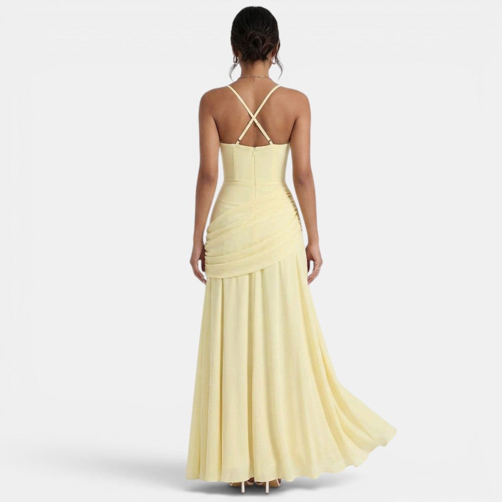 Refinado vestido largo ajustado de fiesta y de invitada de boda sin mangas de caída fluida | Maxi