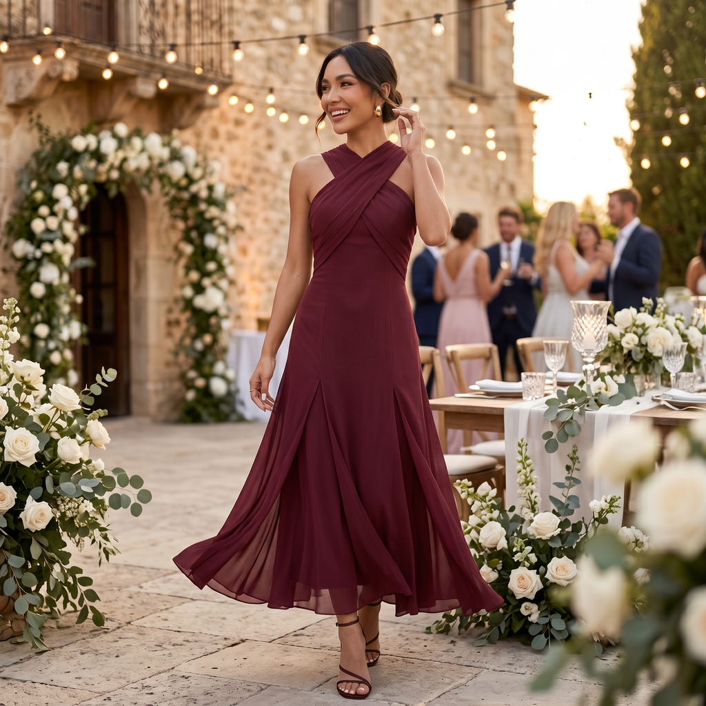 Elegante vestido largo de gasa de fiesta de invitada de boda con detalle de lazo | Maxi