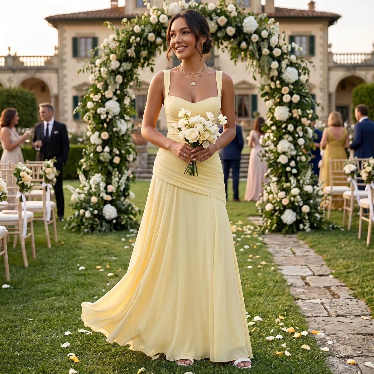 Refinado vestido largo ajustado de fiesta y de invitada de boda sin mangas de caída fluida | Maxi