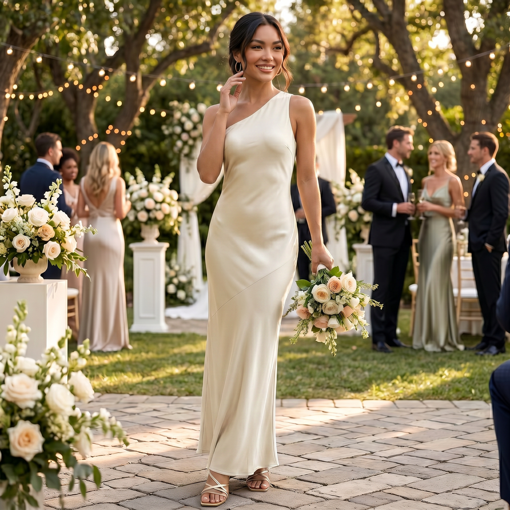 Refinado vestido largo de encaje de fiesta y de invitada de boda con espalda descubierta y cordones | Maxi