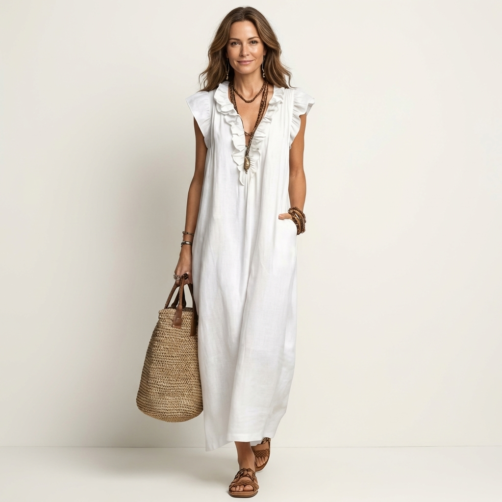 Rosalind | Vestido Maxi de Lino con Volantes y Escote en V