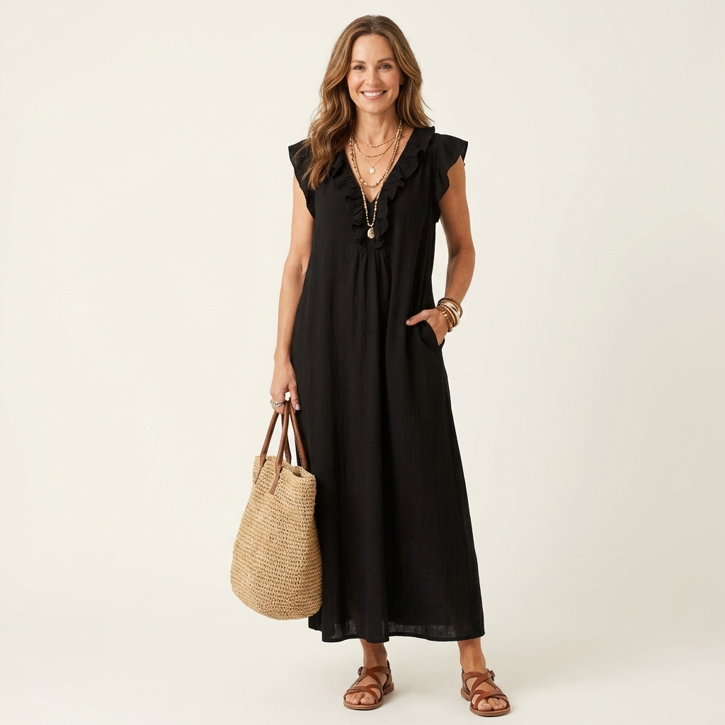Rosalind | Vestido Maxi de Lino con Volantes y Escote en V