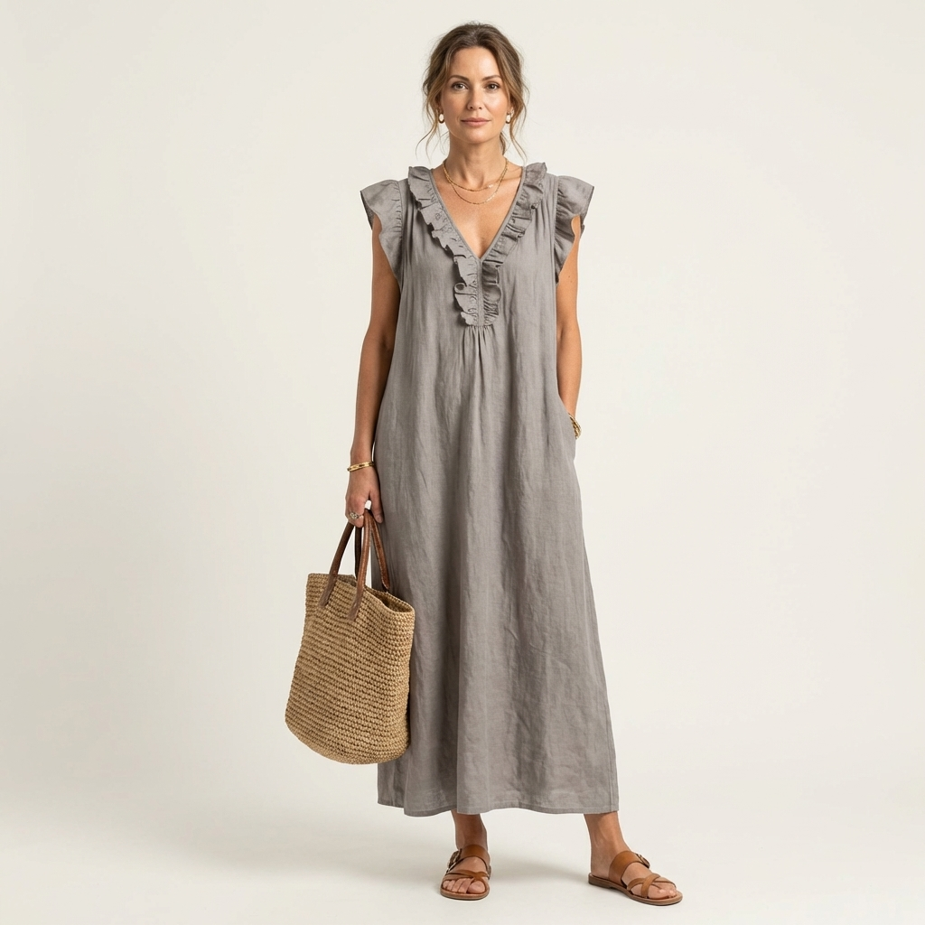 Rosalind | Vestido Maxi de Lino con Volantes y Escote en V