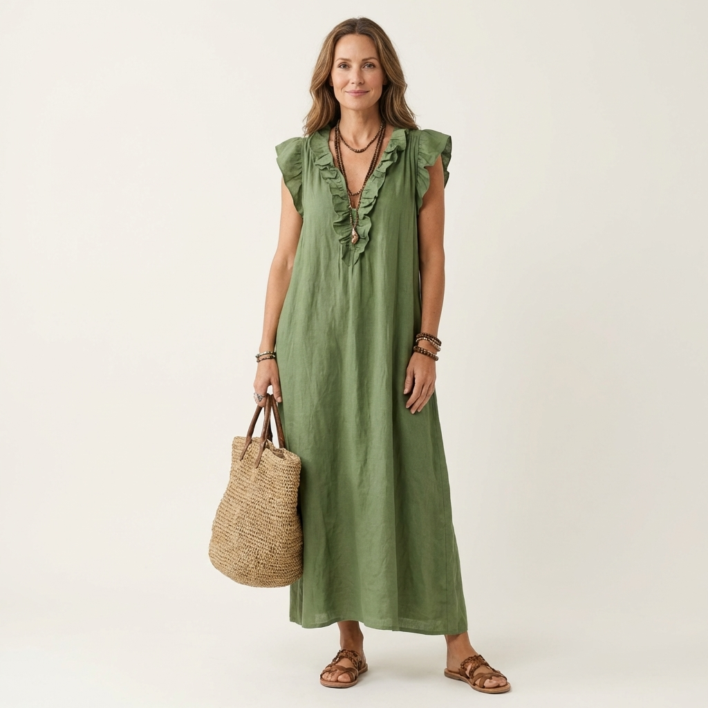 Rosalind | Vestido Maxi de Lino con Volantes y Escote en V